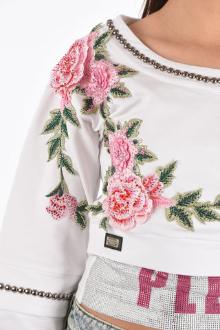  	COUTURE rhinestone embellished all over LS XENIA cropped Sweatshirt