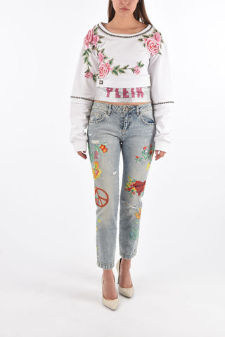  	COUTURE rhinestone embellished all over LS XENIA cropped Sweatshirt