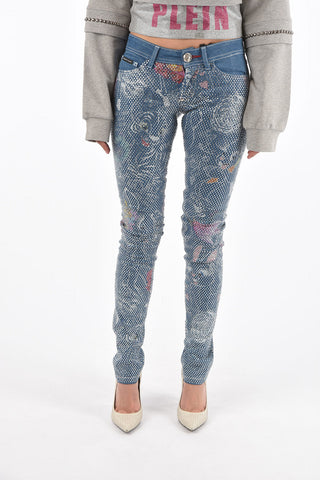 stretch denim rhinestone embellished WHY TRY slim fit jeans