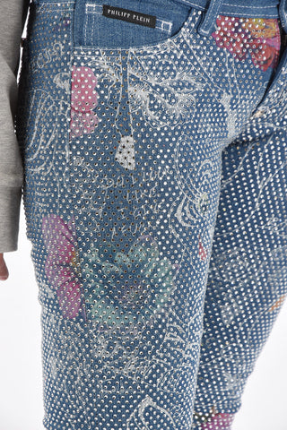 stretch denim rhinestone embellished WHY TRY slim fit jeans
