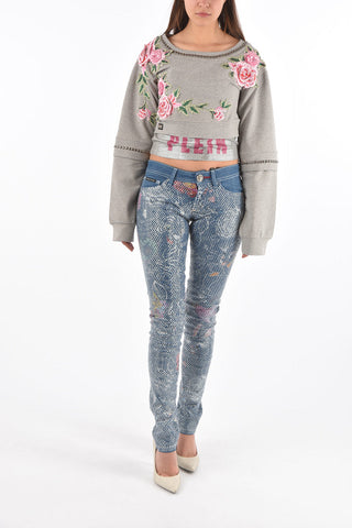 stretch denim rhinestone embellished WHY TRY slim fit jeans