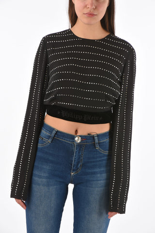 COUTURE crystal all over cropped LS top with velvet detail