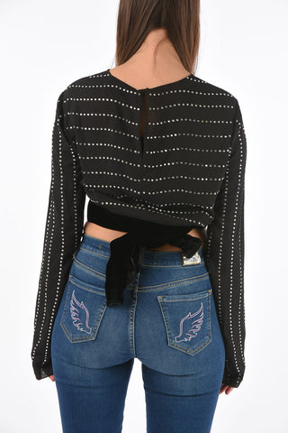 COUTURE crystal all over cropped LS top with velvet detail