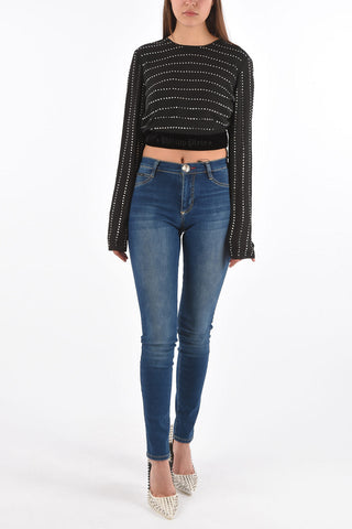 COUTURE crystal all over cropped LS top with velvet detail