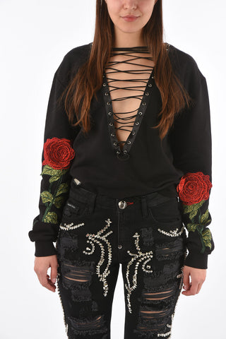 v-neck FEONA sweatshirt with lace up detail