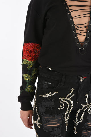 v-neck FEONA sweatshirt with lace up detail