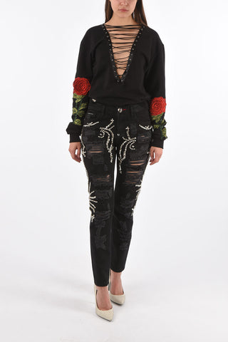 v-neck FEONA sweatshirt with lace up detail
