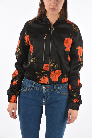 COUTURE roses printed silk cropped bomber
