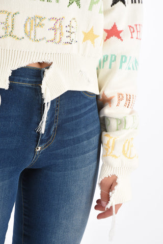 COUTURE vintage effect embroidered SS Statement oversized sweater