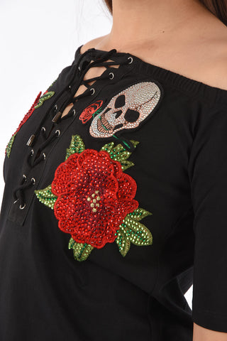 COUTURE laced details off shoulder SS CLARIA top
