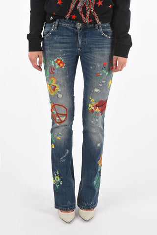 jeans boot cut ricamo floreale a vita regolare