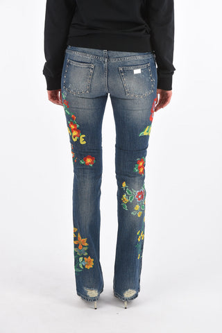 jeans boot cut ricamo floreale a vita regolare