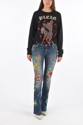 jeans boot cut ricamo floreale a vita regolare
