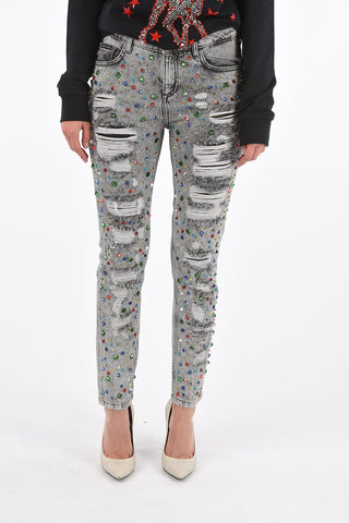 slim fit distressed jeans with rhinestone embellished