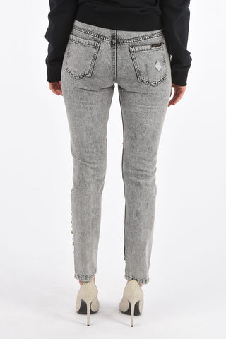 slim fit distressed jeans with rhinestone embellished
