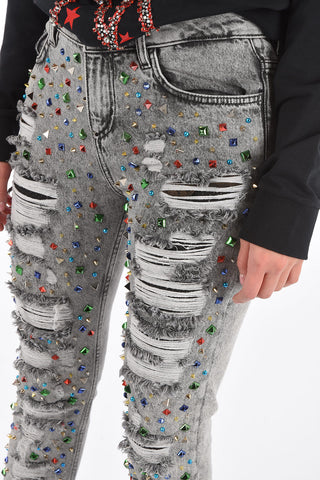 slim fit distressed jeans with rhinestone embellished