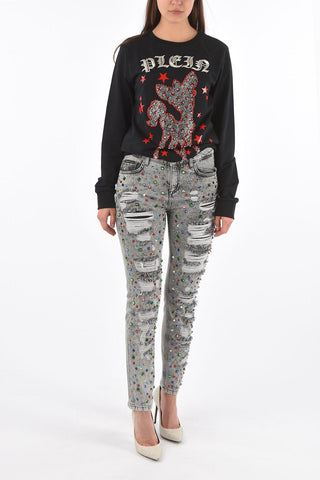 slim fit distressed jeans with rhinestone embellished