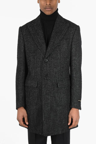 Unlined Wool Blend Coat with Peak Lapel