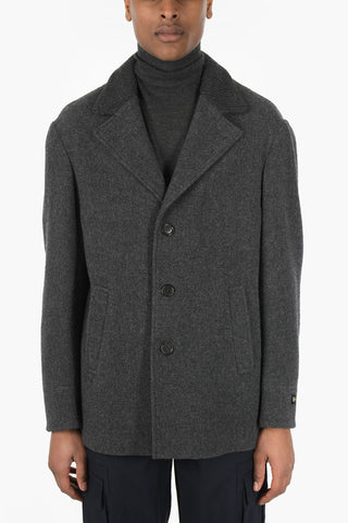 Single-breasted Wool Blend Coat with Ribbed Details