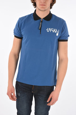 Zipped Neck Cotton Polo with Printed Logo