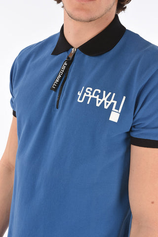 Zipped Neck Cotton Polo with Printed Logo