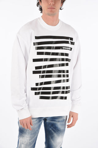 Crew Neck Cotton Sweatshirt with Printed Stripes