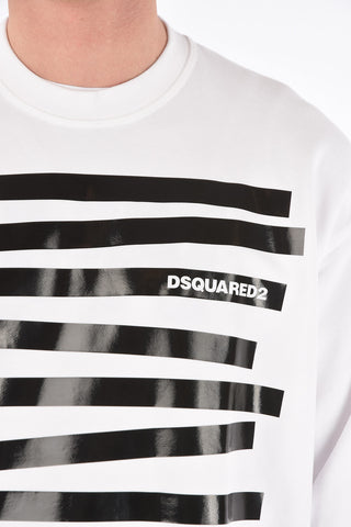 Crew Neck Cotton Sweatshirt with Printed Stripes
