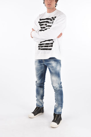 Crew Neck Cotton Sweatshirt with Printed Stripes