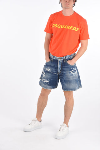 5 Pocket Distressed Denim Shorts with Patches