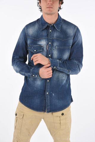 Distressed Denim Shirt with Snap Buttons