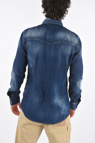 Camicia in Denim Distressed con Bottoni Automatici