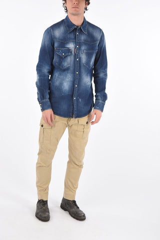 Camicia in Denim Distressed con Bottoni Automatici