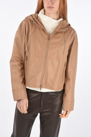 Bomber in Pelle con Zip Frontale e Cappuccio