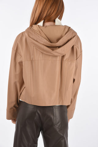 Bomber in Pelle con Zip Frontale e Cappuccio