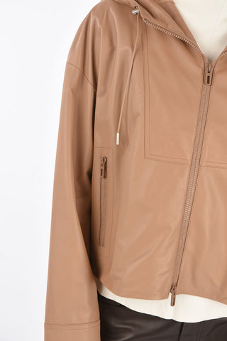 Bomber in Pelle con Zip Frontale e Cappuccio