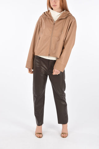 Bomber in Pelle con Zip Frontale e Cappuccio