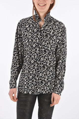 Camicia Animalier con Collo Arricciato e Abbottonatura Nascosta