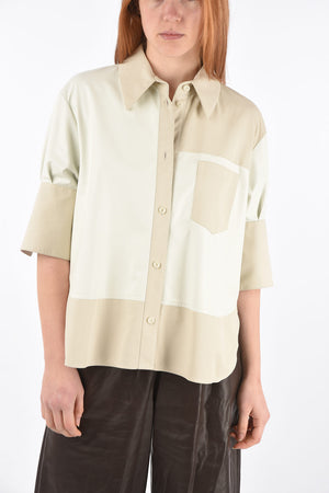 3/4-Sleeved Two Tone Leather Shirt with Breast-pocket