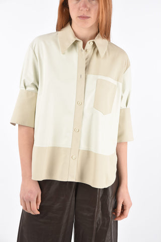 Camicia in Pelle Bicolore con Maniche 3/4 e Taschino