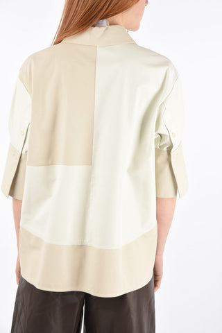 Camicia in Pelle Bicolore con Maniche 3/4 e Taschino