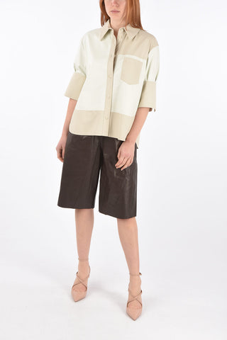 Camicia in Pelle Bicolore con Maniche 3/4 e Taschino