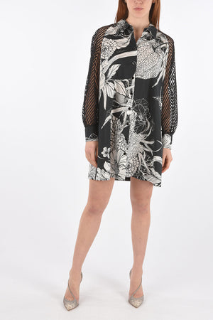 Floral Patterned Shir Dress with Transparent Embroidered Sleeves