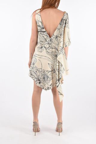 Draped Floral Patterned Flared Dress with Cut-out Detail