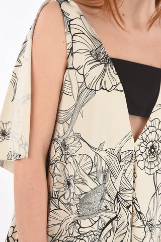 Draped Floral Patterned Flared Dress with Cut-out Detail
