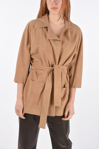 3/4-Sleeved Unlined Suede Jacket with Belt