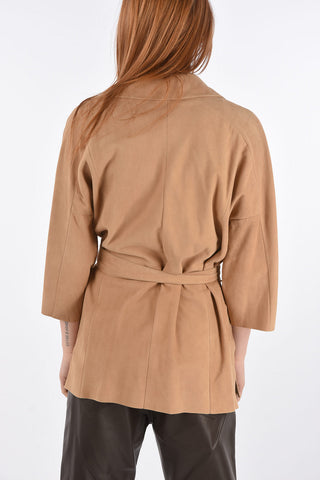 3/4-Sleeved Unlined Suede Jacket with Belt