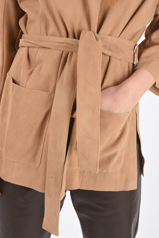 3/4-Sleeved Unlined Suede Jacket with Belt