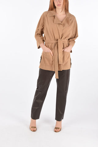 3/4-Sleeved Unlined Suede Jacket with Belt