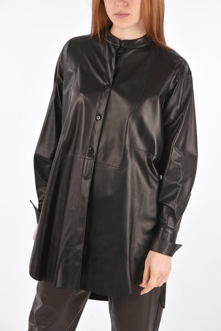 Mandarin Collar Side Split Leather Shirt