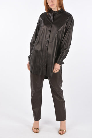 Mandarin Collar Side Split Leather Shirt
